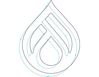 Line art of the Drupal logo styled as a technical schematic.