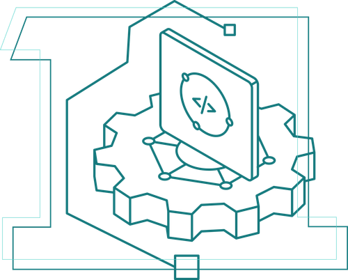 Line art drawing with a gear, screen that includes code, and nodes connected by geometric lines