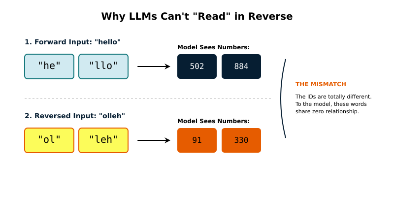 A comparison of how “hello” and “olleh” are sliced into completely unrelated token IDs