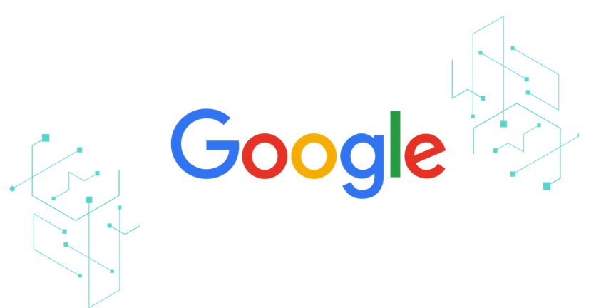 The Google logo on a background of turquoise design elements.