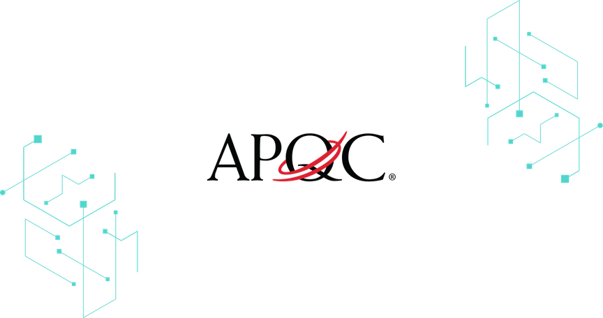 The APQC logo on a white background framed by turquoise line art.