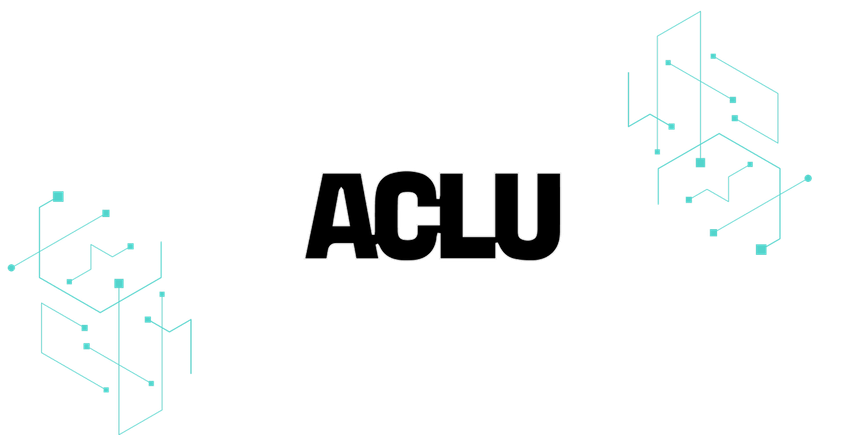 The ACLU logo on a background of turquoise design elements.