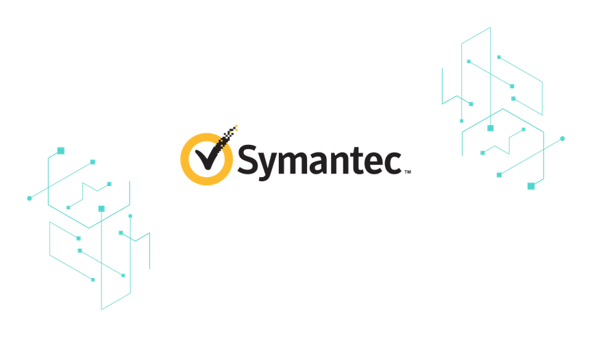 The Symantec logo on a background of turquoise design elements.