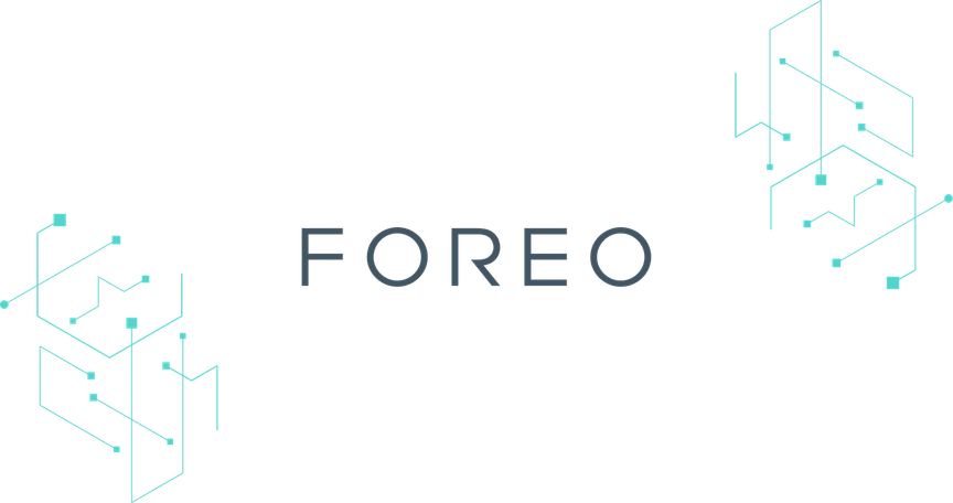 The Foreo logo on a background of turquoise design elements.